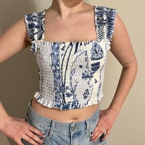 Urban Outfitters Arizona Blue and White Smocked Crop Tank Top